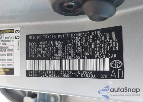 2006 Toyota Corolla Le z USA, uszkodzony, nr VIN 2T1BR32E66C705716